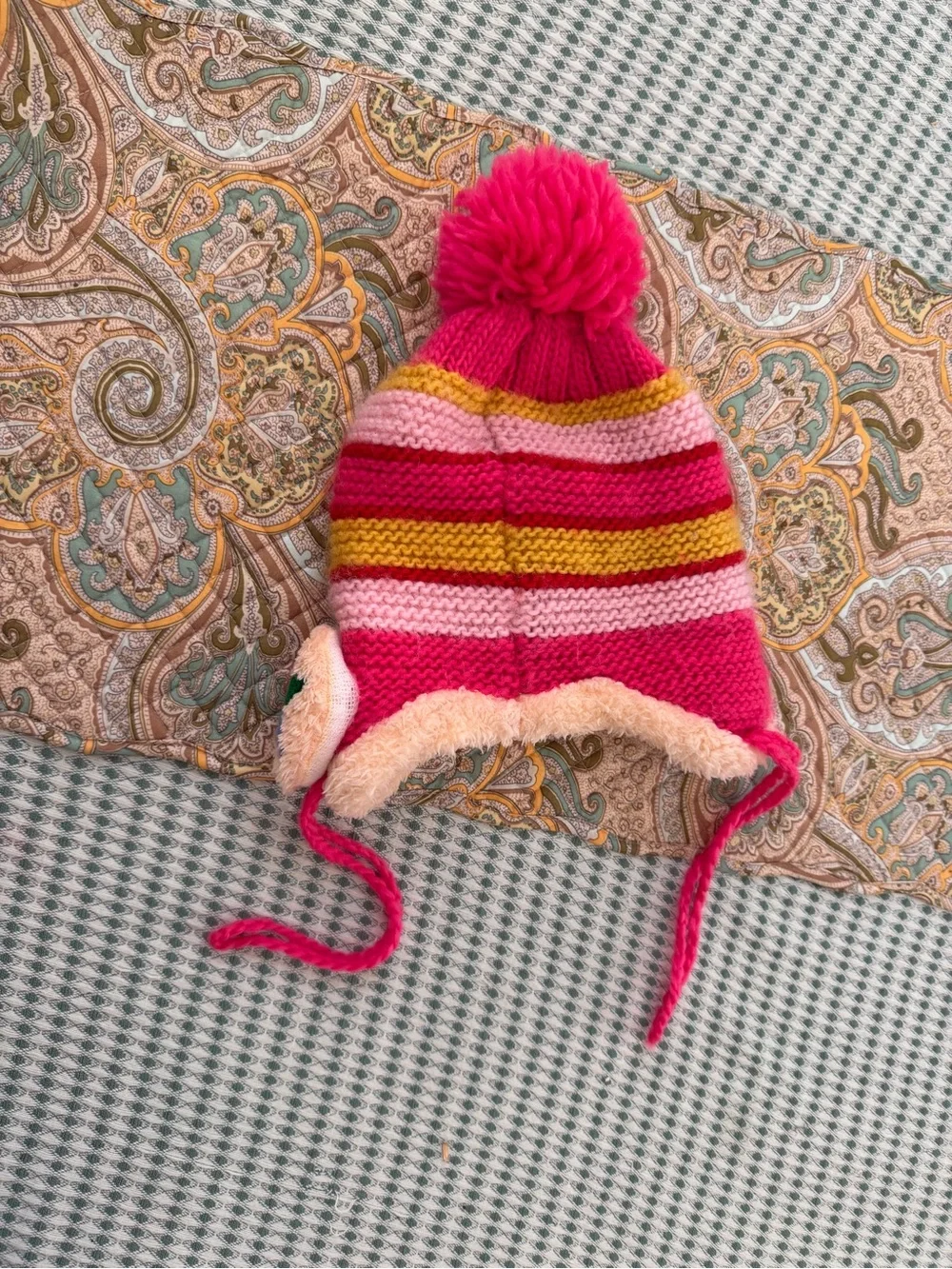 Girls' Crochet Winter Hat Pink Striped Cat Pom Pom Winter Hat Beanie
